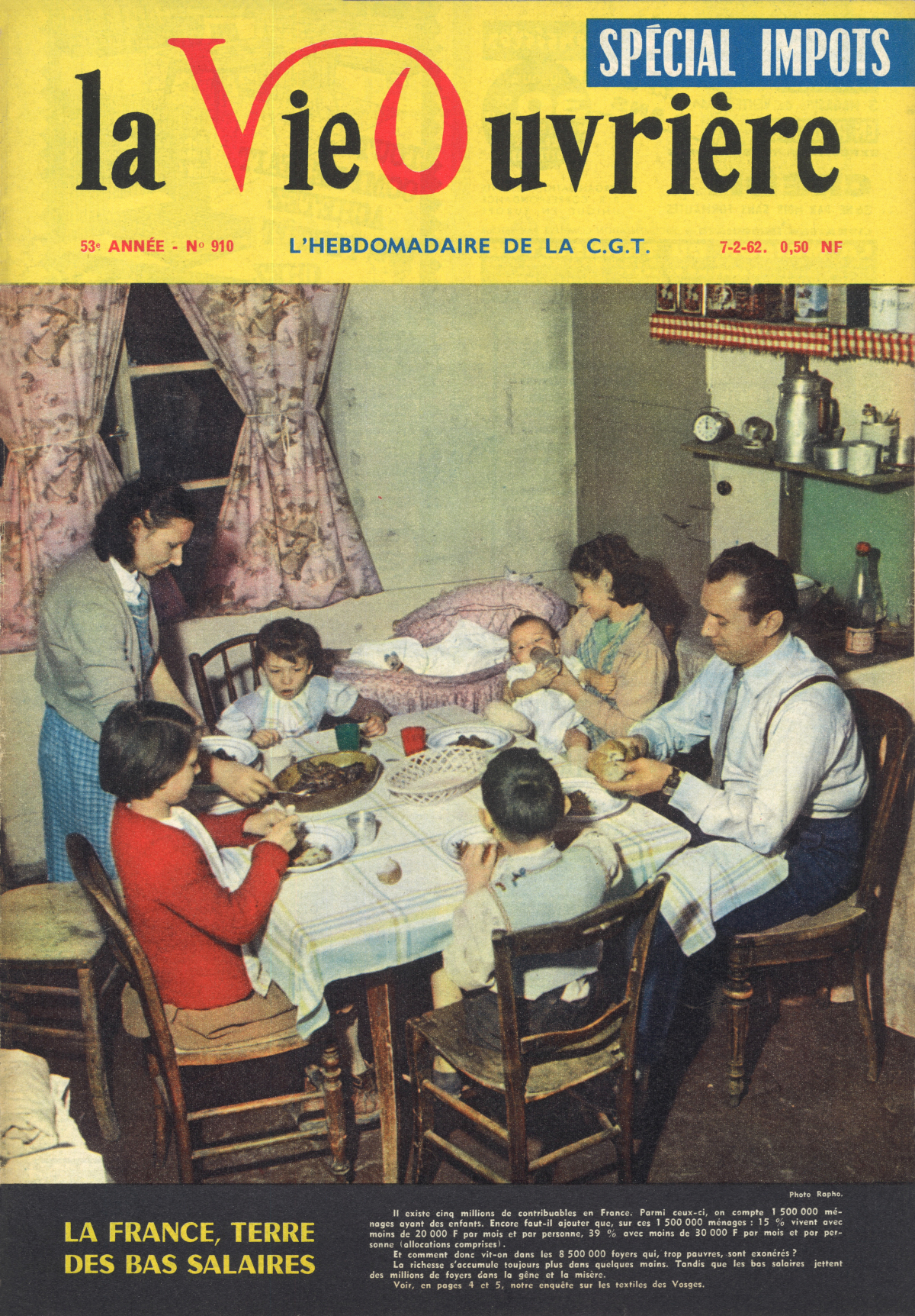 Couverture du magazine La Vie Ouvrière numéro 910 du 7 février 1962